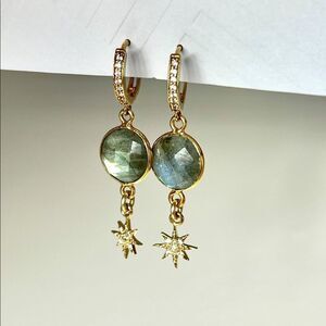 New womens gold huggie hoops with gold stars and labradorite earrings